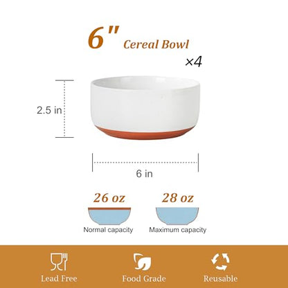28 OZ Ceramic Cereal Bowls Set, 6 Inch, Set of 4, Elegant White | Handcrafted, Dishwasher & Microwave Safe, Stoneware Deep Soup Bowls for Everyday Use - color: White, size: Cereal Bowls Set (4PCS)