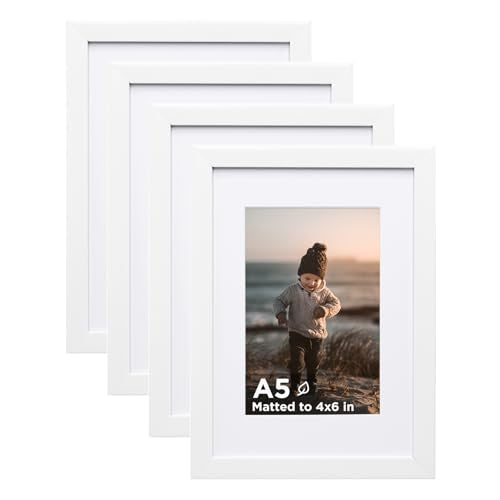 A5 Frame Set of 4, Wooden Photo Frame with Plexiglass for 4x6 Picture with Mat or A5 Without Mat, for Wall and Tabletop Display Diploma Certificate Degree, White - color: White, size: A5
