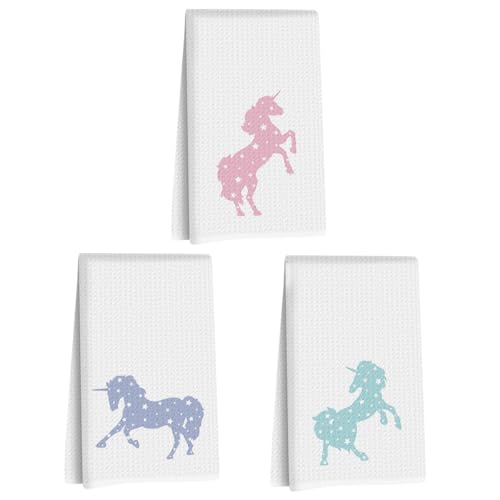 3 Pcs Tide Tales Unicorn Kitchen Towels, Unicorns Decor Reusable Dish Towel | Waffle Weave Hand Cloth Tea Towel for Kitchen Bathroom Home Decor, Unicorn Lover Gifts for Women Friend Girls 24x14 Inch - color: Multi 1717