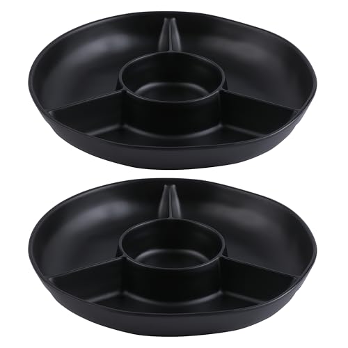 Chip & Dip Serving Tray Set, 4 Sectional Round Melamine Serving Platter, Relish Tray, Round Compartment Appetizer platter for Veggies, Candy and Snacks, Matte Black, Set of 2 - color: Black Rround Divided Tray