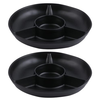 Chip & Dip Serving Tray Set, 4 Sectional Round Melamine Serving Platter, Relish Tray, Round Compartment Appetizer platter for Veggies, Candy and Snacks, Matte Black, Set of 2 - color: Black Rround Divided Tray