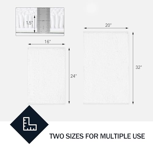 LINLA Bathroom Rugs Sets 2 Piece, Absorbent Soft Chenille Bath Mat, White | Non-Slip ,Quick Dry, Washable, Carpet Mats for Floor, Tub and Shower,32" x 20"/24" x 17" - color: White