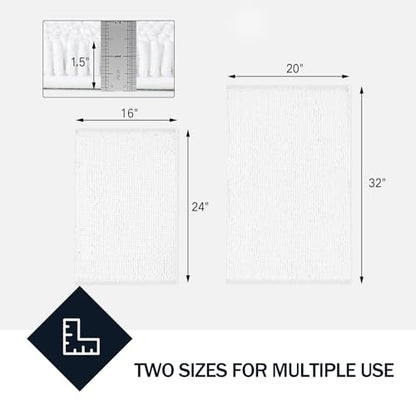 LINLA Bathroom Rugs Sets 2 Piece, Absorbent Soft Chenille Bath Mat, White | Non-Slip ,Quick Dry, Washable, Carpet Mats for Floor, Tub and Shower,32" x 20"/24" x 17" - color: White