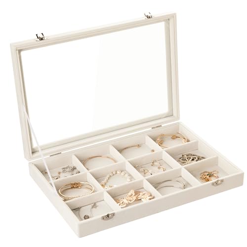 12 Grid Bracelet Holder Box,Velvet Jewelry Tray with Clear Lid | Real Glass Lid,Bracelet Display,Jewelry Organizer for Bangle Brooch,Adjustable Divider,Dustproof Design,13.8×9.5Inches - color: Beige, size: 12 Grid