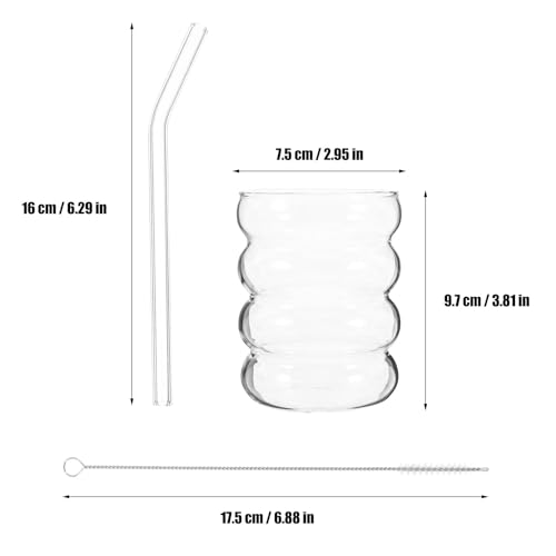Ribbed Glass Cups and Straws Set 300ml Wavy Drinking Glasses for Adults with Straw Brushes Glassware for Iced Coffee Juice Milk Matcha 9pcs Kitchen Essentials