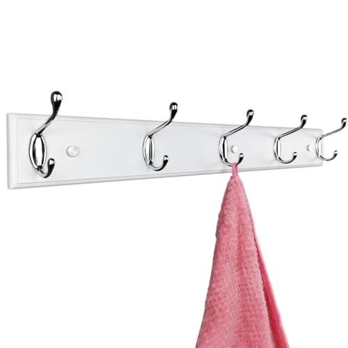 Wooden Wall Mounted Coat Rack – 24 Inch (60cm), White with 5 Silver Hooks for Entryway, Hallway, Bedroom - size: Medium-23.6in(60cm),5 Silver Hooks, style: Modern