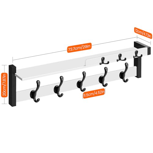 Coat Rack Wall Mount, 29" Floating Shelf with Key and Mail Holder | Wooden Entryway Hanging Shelf with Hooks and Storage for Hat Towel Jacket Purse Backpack Dog Leash, White