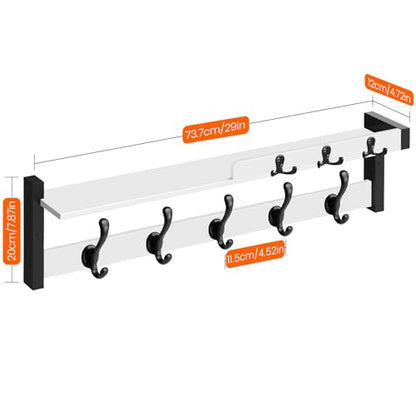 Coat Rack Wall Mount, 29" Floating Shelf with Key and Mail Holder | Wooden Entryway Hanging Shelf with Hooks and Storage for Hat Towel Jacket Purse Backpack Dog Leash, White