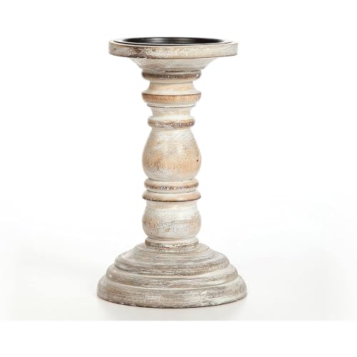 Hosley 8 Inch Distressed White Wooden Pillar Candle Holder - Rustic Farmhouse Pedestal Candlestick Stand for Real & Flameless LED Candles, Vintage Shabby Chic Table Mantel Centerpiece Decor - size: 8 inch high x 1 Count
