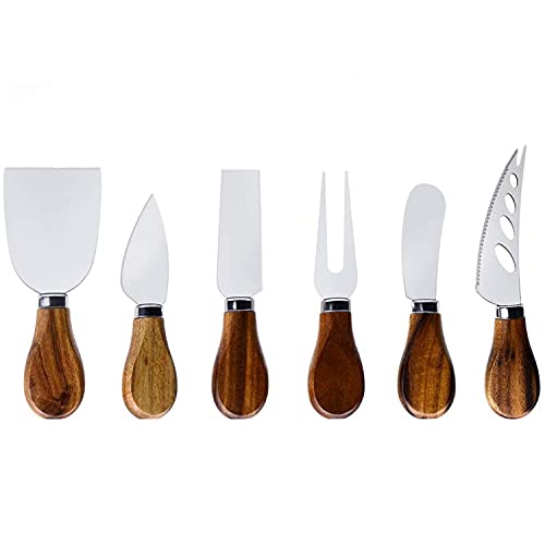 Premium 6-Piece Cheese Knife Set - Acacia Wood Handle Stainless Steel Cheese Knives for Charcuterie Board