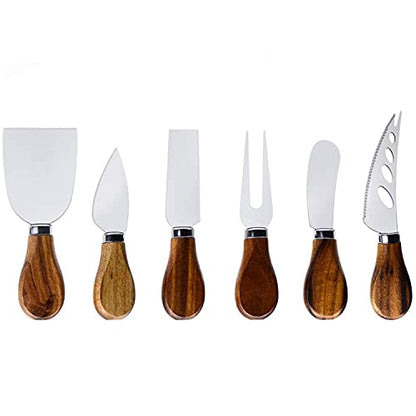 Premium 6-Piece Cheese Knife Set - Acacia Wood Handle Stainless Steel Cheese Knives for Charcuterie Board