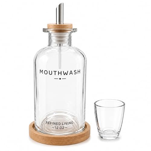 Mouthwash Dispenser for Bathroom, 12 OZ Refillable Glass Mouthwash Bottle with Cup and Bamboo Tray, Decorative Mouth Wash Dispenser Set for Bathroom - color: Transparent