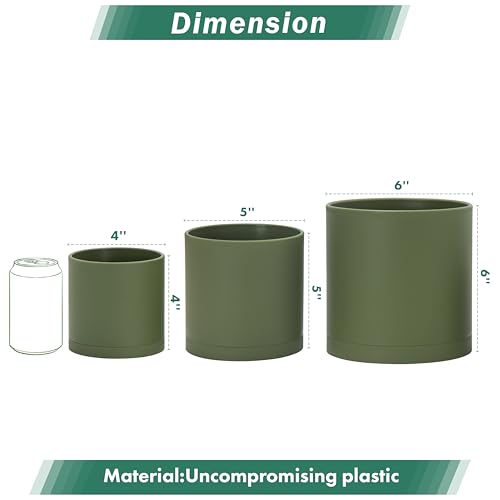 D'vine Dev 3-Pack Plastic Pots & Saucers, 4/5/6 in, Olive, 74-V-I-1 | Multi-Size Options, Lightweight Durable, Matte Finish, Cylinder Shape, Drainage Holes, Sleek Design, Detachable Saucer - color: Olive, size: Small