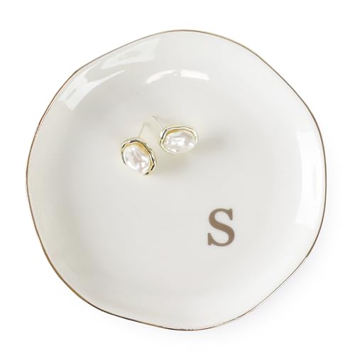 Initials Ring Dish Jewery Tray with Personalized S-Monogrammed Engagement Wedding Gifts for Friends,Sister,Birthday Christmas Gifts for Women,Ceramic White - style: s