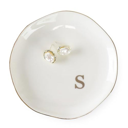 Initials Ring Dish Jewery Tray with Personalized S-Monogrammed Engagement Wedding Gifts for Friends,Sister,Birthday Christmas Gifts for Women,Ceramic White - style: s