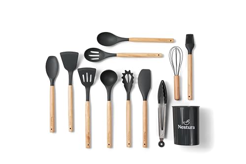 Compact Silicone Kitchen Utensil Set by Nestura, 12-Piece Cooking Utensils with Holder, BPA-Free Heat Resistant Tools with Beechwood Handles for Small Kitchens, Apartments, RVs, Dorms & Gifting