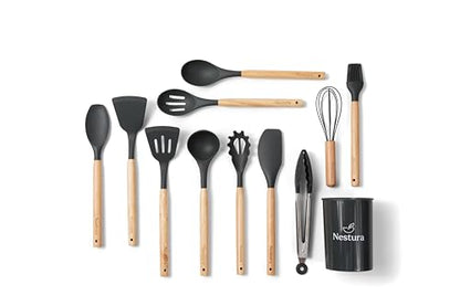 Compact Silicone Kitchen Utensil Set by Nestura, 12-Piece Cooking Utensils with Holder, BPA-Free Heat Resistant Tools with Beechwood Handles for Small Kitchens, Apartments, RVs, Dorms & Gifting