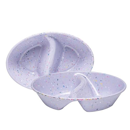 Confetti Divided Bowl Set of 2, 100% Melamine BPA-Free Stackable Unbreakable Bowls with Two Compartments, Ideal for Snacks, Chips & Dips, Cereal, Dishwasher-Safe Color: Purple - color: Confetti Purple