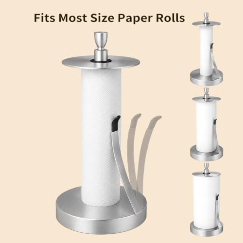 Heavy Duty Paper Towel Holder Countertop Top Damping Disc Silver | Easy One-Handed Tear, Weighted Base Non-Slip, Tension Arm Prevents Unraveling, Countertop Paper Stand for Kitchen, Bathroom - color: Silver