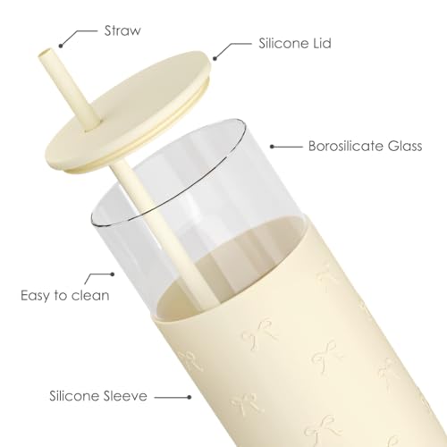 SANDJEST Glass Tumbler with Straw and Lid, Glass Water Bottle with Silicone Sleeve 20oz, Smoothie, Iced Coffee Cup, Bow Gifts for Women Teen Girls Birthday Christmas - color: Bow 2