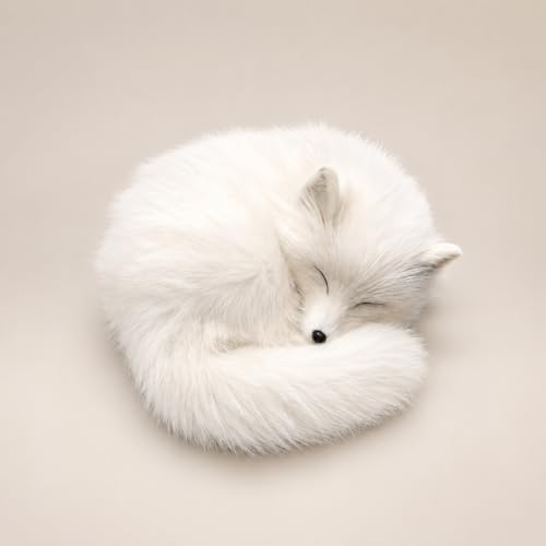 Realistic White Fox Figurine, Soft Faux Fur Sleeping Fox Shelf Decor Gift
