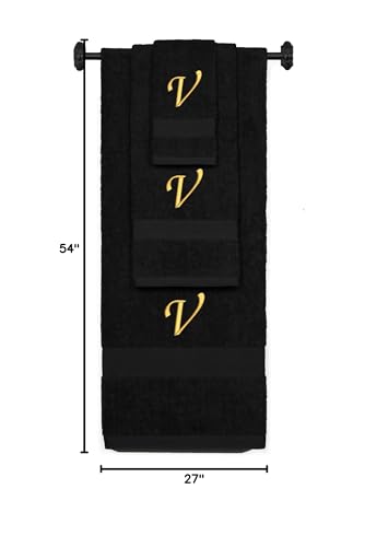 Monogrammed Bath, Hand, Washcloth Cotton Towel Set, Personalized Gift 3Pc-V - color: Black & Gold, size: Initial V