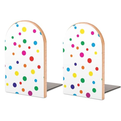 Heavy Duty Wood Book Ends with Metal Base Bookends for Shelves, Retro | Colorful Geometric Polka Dots Rainbow, Decorative Book Organizers, Support for Movies, Magazines, DVDs, 1 Pair - color: Style(517)
