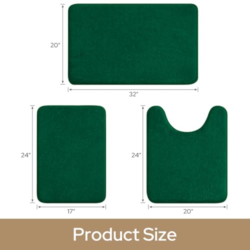 HOMEIDEAS Upgraded Bathroom Rugs Set 3 Piece, Ultra Soft Memory Foam Bath Mats, Super Absorbent Non Slip Washable U-Shaped Toilet Bath Rug (Dark Green, 17"x24"+20"x32"+U-Shaped 20"x24") - color: Dark Green