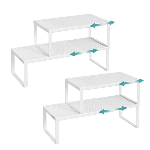 SONGMICS Spice Racks Expandable Kitchen Countertop Shelves, Metal | Set of 4 small cupboard organizers, space-saving tabletop shelves, Matte White, UKCS404WC01 - color: Matte White, size: Set of 4
