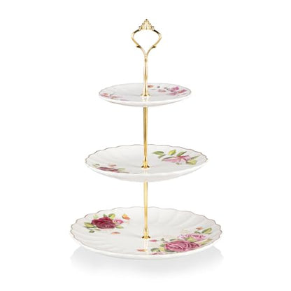 Sweejar 3 Tier Ceramic Cake Stand Wedding, Dessert Cupcake Stand for Tea Party Serving Platter (Fresh Flower) - color: Fresh Flower