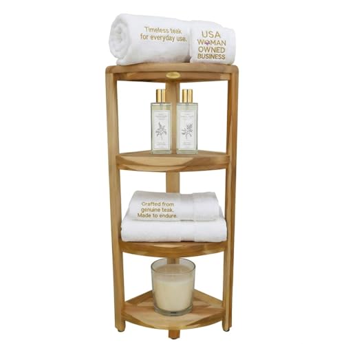 EcoDecors Corner Snazzy Corner Four Tier Natural Color Shelf Waterproof Teak Wood Shower Bench Stool Seat Chair For Inside Shower Provides Safety, Storage, and Organization For Bathroom Accessories | Space-saving teak shower shelf keeps towels, shampoo, s