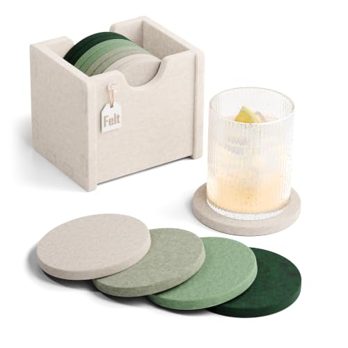 Fluxynara Felt Coasters with Holder, Set of 8 for Drinks, Sagewood | Round Felt Coasters, Absorbent, Heat-Resistant & Reusable for Drinks, Ideal for Coffee Tables and Living Rooms, 3.94 Inch - color: Sagewood, size: Round - 8 Count