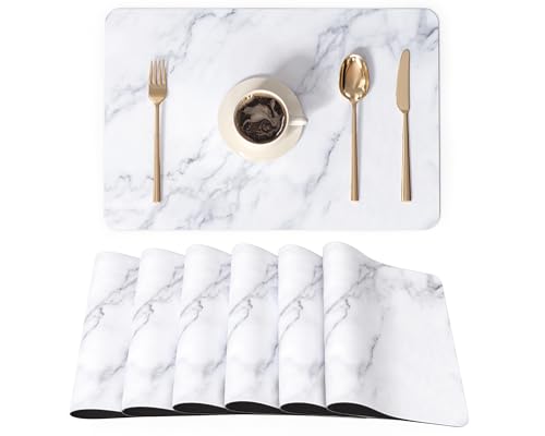 QIYI PU Leather Placemats Set of 6, 12"x18" Waterproof Table Mats, Marble | Faux Leather, Heat Resistant, Anti Slip, Wipeable Place Mats for Kitchen Dinning, Party Table Décor, White Marble - color: White Marble, size: Set of 6