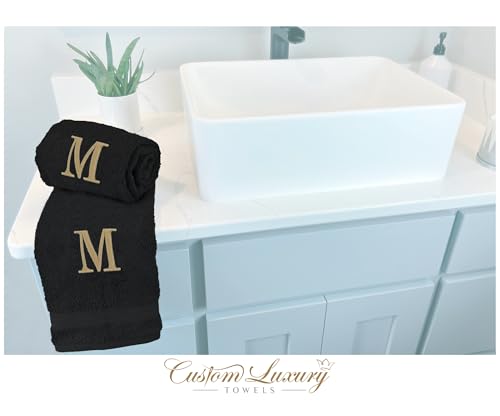 Black Hand Towels for Bathroom with Monogram | Luxury Cotton Turkish Towels | Embroidered in USA | Set of 2 | Choose Set Color and Letter | A - Z | Modern Font - color: Black