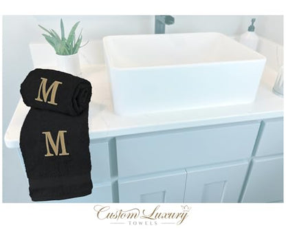 Black Hand Towels for Bathroom with Monogram | Luxury Cotton Turkish Towels | Embroidered in USA | Set of 2 | Choose Set Color and Letter | A - Z | Modern Font - color: Black