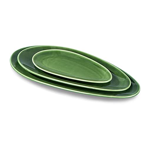 vicrays Large Oval Serving Platters, 16"/14"/10" Porcelain Serving Platters for Party, BBQ,Stackable Serving Trays Serving Plates for Appetizers, Sushi, Restaurant, Set of 3 (Green) - color: Green