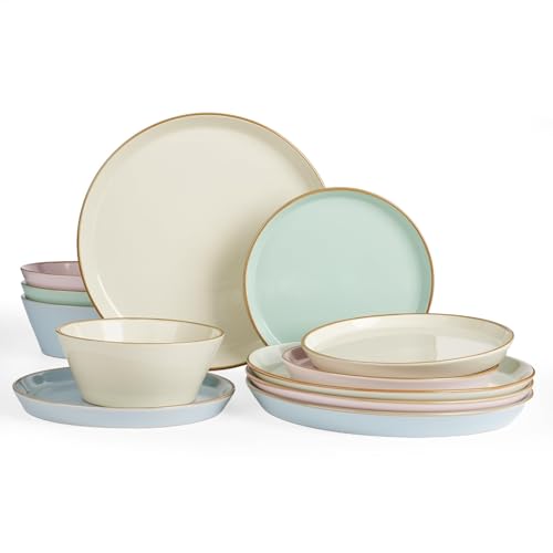 Famiware Saturn Dinnerware Sets, Ceramic Dishes for 4, Rimmed Plates, Bowls | Multicolor, 12-Piece Microwave and Dishwasher Safe Stoneware, Chip & Scratch Resistant, Modern Rustic Tableware, Everyday Use - color: Multicolor, size: 12