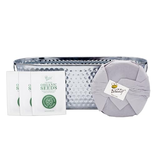 Buzzy Seeds Grow & Grill Organic Herb Kit - Metal Windowsill Planter - Complete Indoor/Outdoor Gardening Kit with Seeds, Coconut Husk Growing Medium & Genuine Pots - 100% Grow Guarantee - color: Silver