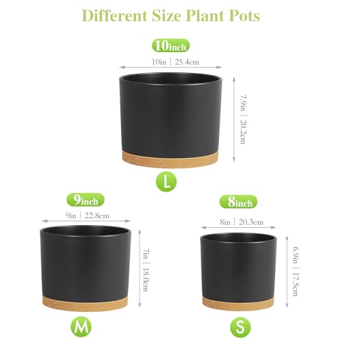 Large Plant Pots Set of 3 – 8", 9", 10" Indoor Flower Pots with Drainage Holes and Saucers, Big Planters for Monstera, Fiddle Leaf Fig, Snake Plant – 5 Colors - color: Black With Brown Base