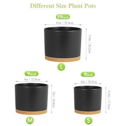 Large Plant Pots Set of 3 – 8", 9", 10" Indoor Flower Pots with Drainage Holes and Saucers, Big Planters for Monstera, Fiddle Leaf Fig, Snake Plant – 5 Colors - color: Black With Brown Base