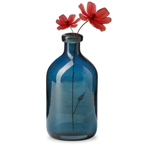 Torre & Tagus 8" Solid Blue Glass Vase for Flowers & Reed Diffuser Bottle - Mouth Blown & Watertight Clear Blue Vases for Modern Home Decor, Tall Bud Vases for Shelf, Bookcase, or Wedding Gift (Tito) - color: Blue, size: 8 inch
