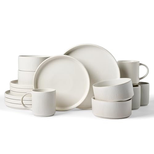 Famiware Star Dinnerware Sets with Mugs, Ceramic Plates and Bowls Set for 4 | 16-Piece Stoneware Ribbed Dishes. Chip & Scratch Resistant. Microwave & Dishwasher Safe, Everyday Formal Dining, Matte White - color: Matte White, size: Service for 4 with Mugs