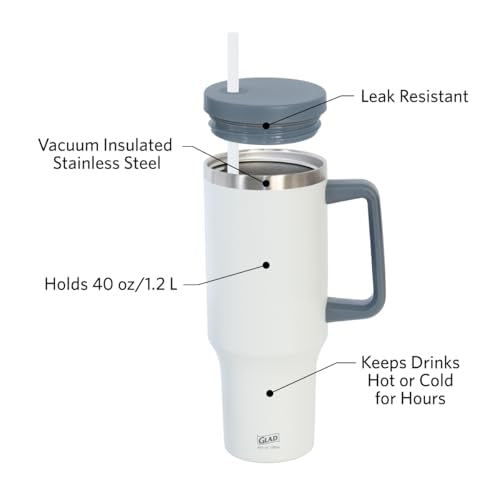 Glad Pioneer Stainless Steel Tumbler with Lid and Straw - Double Walled Insulated Cup with Handle - Leak Resistant & Cup Holder Compatible, Drinks Stay Cold All Day, 40oz, Grey - color: Gray, size: 40 Ounces