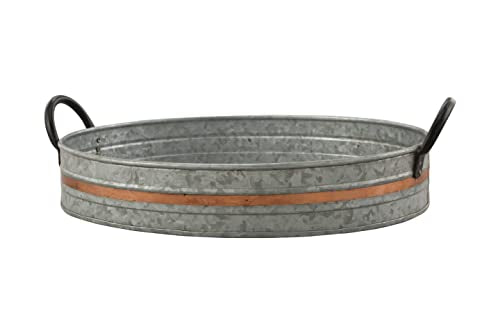 Galvanized Metal Serving Trays Iron Black Handles, Farmhouse Tray with Copper Strip, Decorative Centerpiece for Coffee Table or Dining Table, Rustic Utility Trays for All Purpose, Oval Trays. - size: 18" x 11" x 3.5"