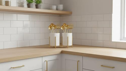 2pcs Sturdy Cutlery Holder White Ceramic With Metal Bracket Robust Silverware Caddy For Countertop - Spoon Holder Silverware Caddy - color: Gold white, size: S