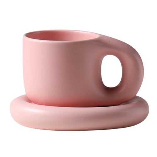 10oz Nordic Ceramic Coffee & Tea Mug, Saucer, Cute Cup, Lovers Gift, Pink | Dishwasher Safe, Microwave Safe, Chunky Handle, Chubby Shape, Home Office Décor, Gift Idea, Kitchen Essentials, Durable - color: Pink