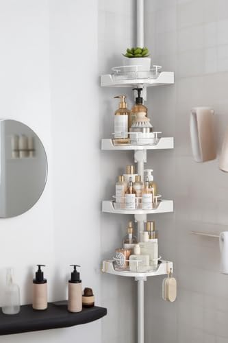 360° Rotating Corner Shower Caddy Tension Pole Organizer (White) | 4-Tier rotating shelves with hooks, adjustable tray height, upgraded rustproof metal pole, removable trays for shower storage - color: White, size: Rotation