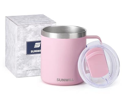 SUNWILL Insulated Coffee Mug with Lid, Travel Tumbler Reusable, 14 oz Stainless Steel Cup for Camping, Office, Home, Powder Coated Sakura - color: Powder Coated Sakura