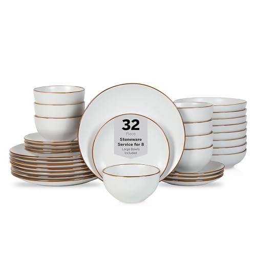 Stone Lain Brasa Stoneware 32 Piece Modern Dinnerware Set, Plates and Bowls, Service for 8, White, Microwave & Dishwasher Safe - color: White, size: 32-Piece Service for 8