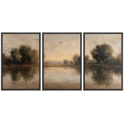 MUDECOR Framed Wall Art Print Set Neutral Tone Lake Reflection Landscape Illustrations Modern Art Boho Decorative Colorful Chic for Living Room, Bedroom, Office - 16"x24"x3 BLACK - color: AE01-2604-M04, size: 16"x24"x3 Panels Black